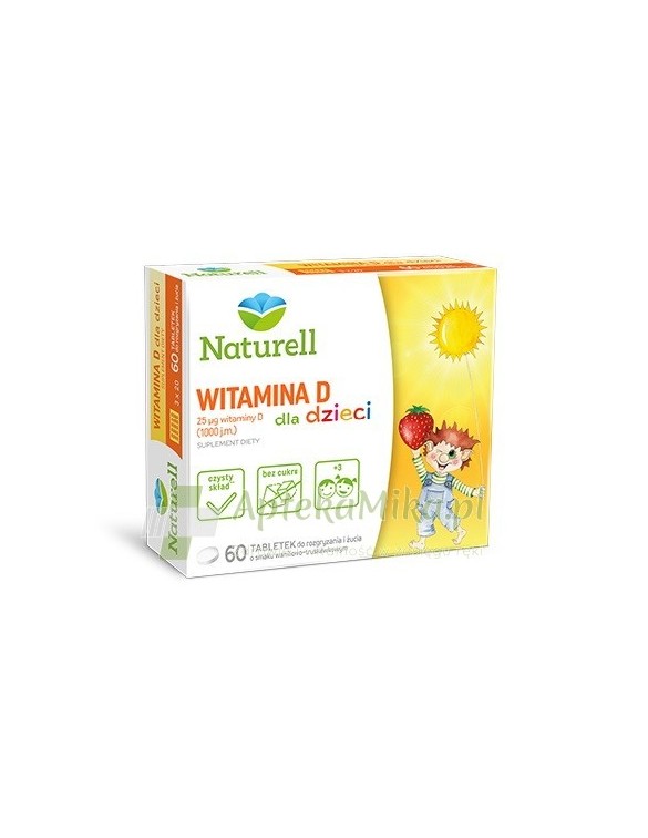 Naturell Witamina D 1000 j.m. dla dzieci - 60 tabletek do rozgryzania i żucia o smaku waniliowo-truskawkowym