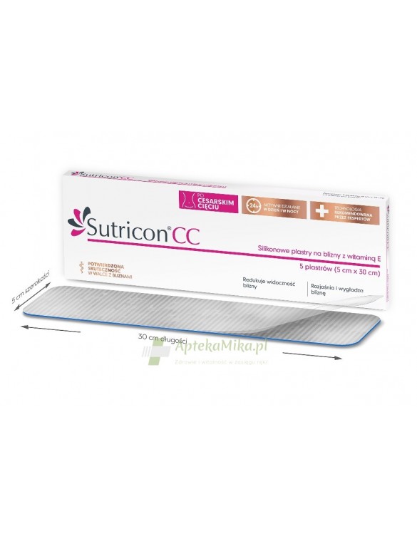 SUTRICON CC, silikonowe plastry z witaminą E na blizny po cesarskim cięciu 5x30 cm - 5 sztuk