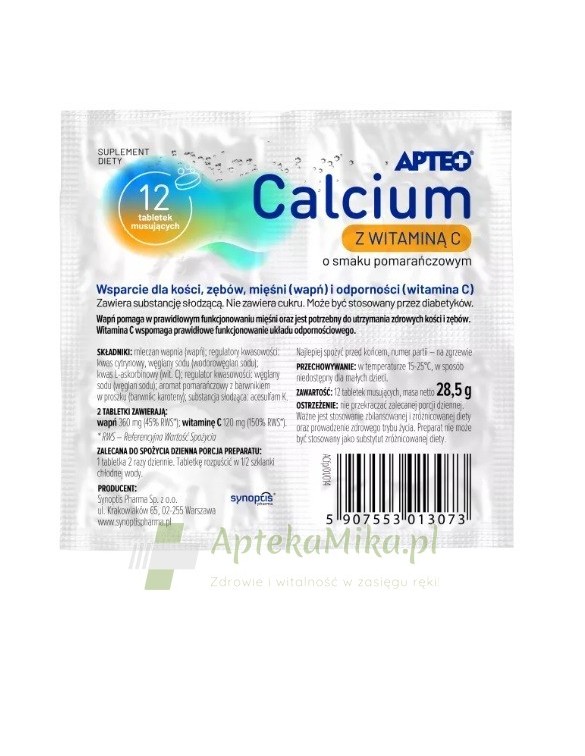 Calcium z witaminą C w folii o smaku pomarańczowym APTEO - 12 tabletek musujących